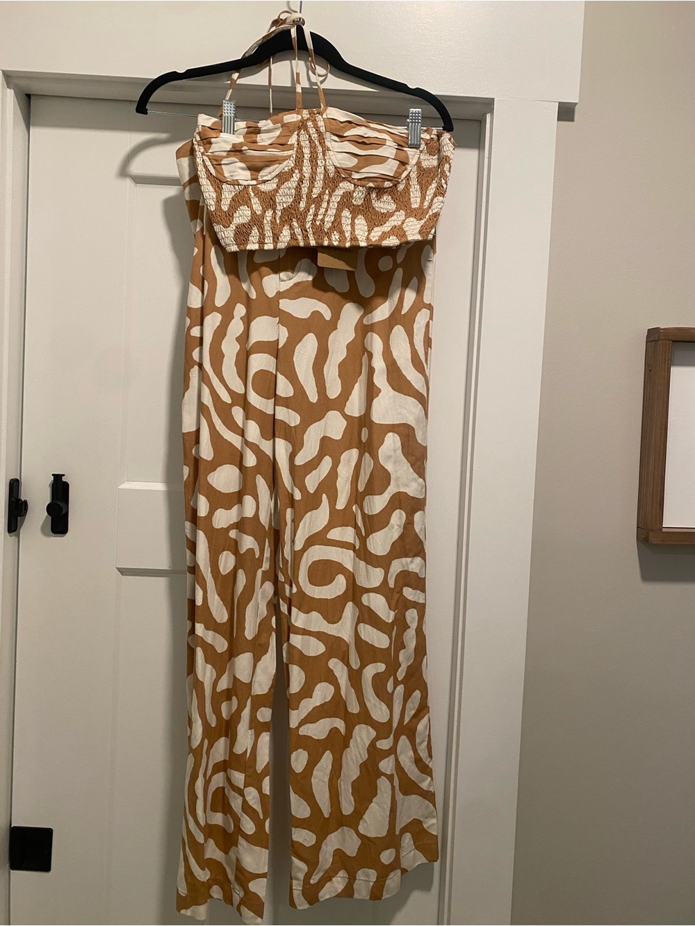 Women's Matching Set- Halter Crop and Wide Leg Pants Tan & White